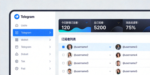 Telegram电脑版频道管理后台截图，显示统计数据和订阅者列表