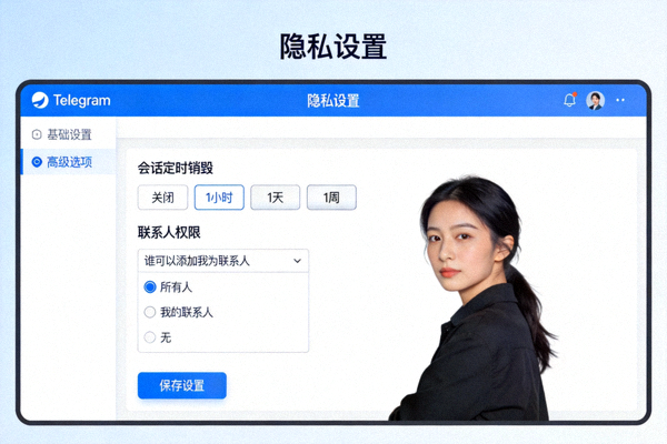 Telegram电脑版隐私设置高级选项详细界面，展示会话定时销毁、联系人权限等