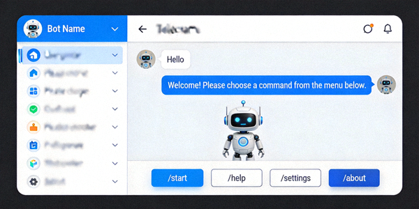 Telegram电脑版与机器人聊天界面截图，展示机器人命令菜单