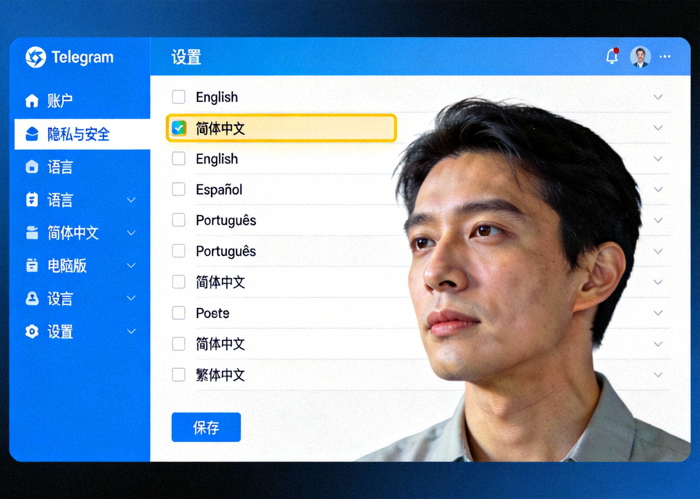 Telegram电脑版语言设置页面截图，高亮显示简体中文选项