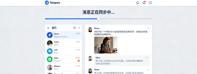Telegram电脑版主界面截图，显示消息正在同步的进度提示