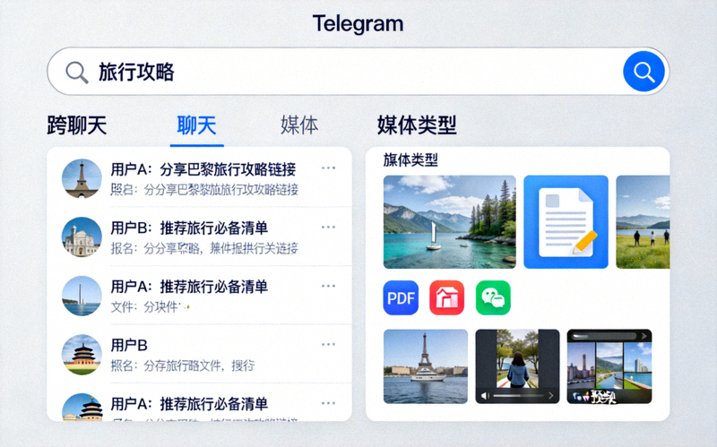 Telegram顶部搜索框输入关键词后，展示跨聊天、跨媒体类型搜索结果的面板