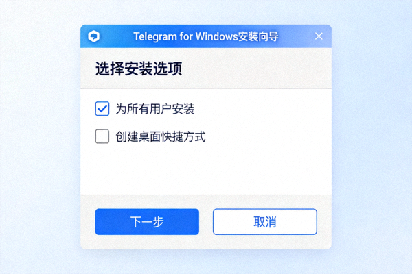 Telegram for Windows安装向导界面，展示为所有用户安装和创建桌面快捷方式的选项