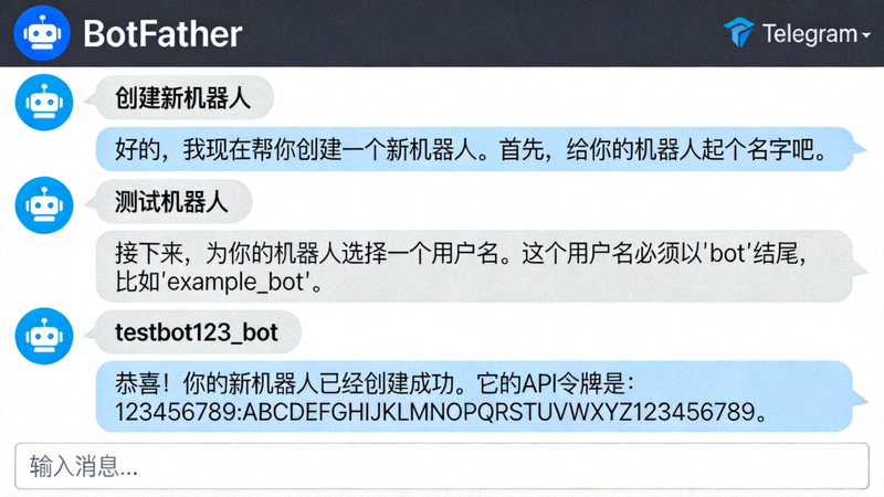 Telegram官方BotFather机器人聊天界面截图，展示创建新机器人的对话流程