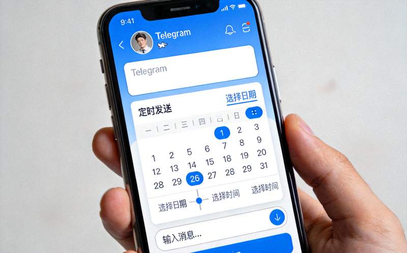 Telegram聊天输入框下方显示定时发送选项的界面截图，可选择具体日期和时间