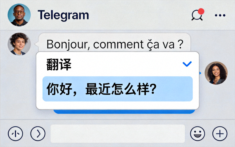 Telegram聊天中长按外文消息后弹出菜单，显示翻译选项和翻译结果的界面