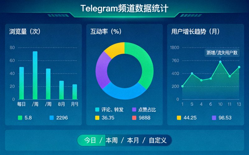 Telegram频道管理员后台数据统计面板，展示浏览量、互动率、增长趋势等图表