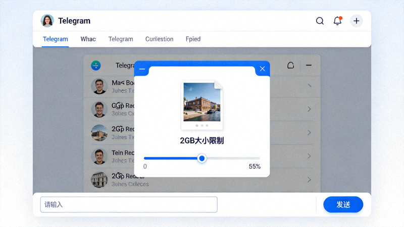 Telegram桌面版发送大文件对话框界面截图，显示2GB大小限制和进度条