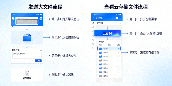 演示在Telegram电脑版中发送大文件和查看云存储文件的界面流程