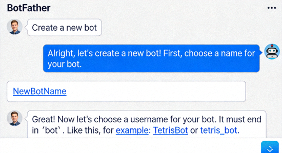 与BotFather机器人对话创建新机器人的界面截图
