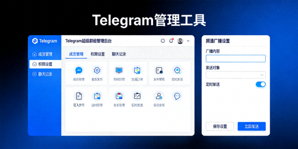 展示Telegram超级群组管理后台和频道广播设置界面的操作示意图