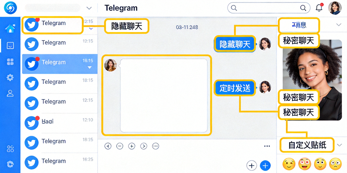 展示Telegram中文版桌面客户端界面，高亮标注了多个隐藏功能按钮的合成示意图