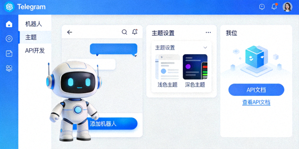 展示Telegram中文版电脑客户端高级功能如机器人、主题、API等界面截图